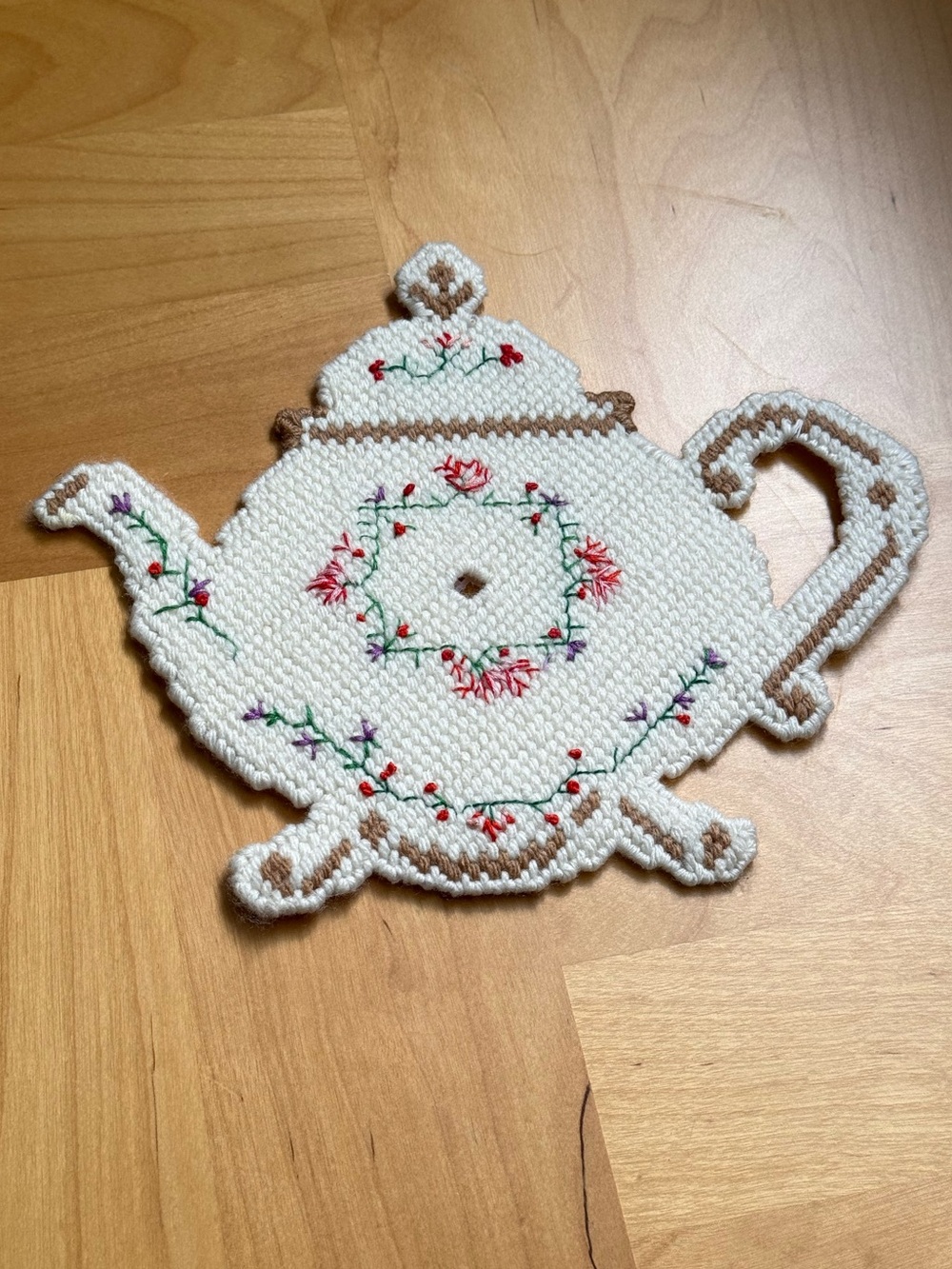 Vintage Teapot Trivet White Vintage Handmade Canvas Cross Stitched Needlework